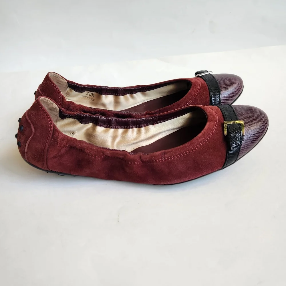 Tod's suede leather burgundy purple black flats women 38.5